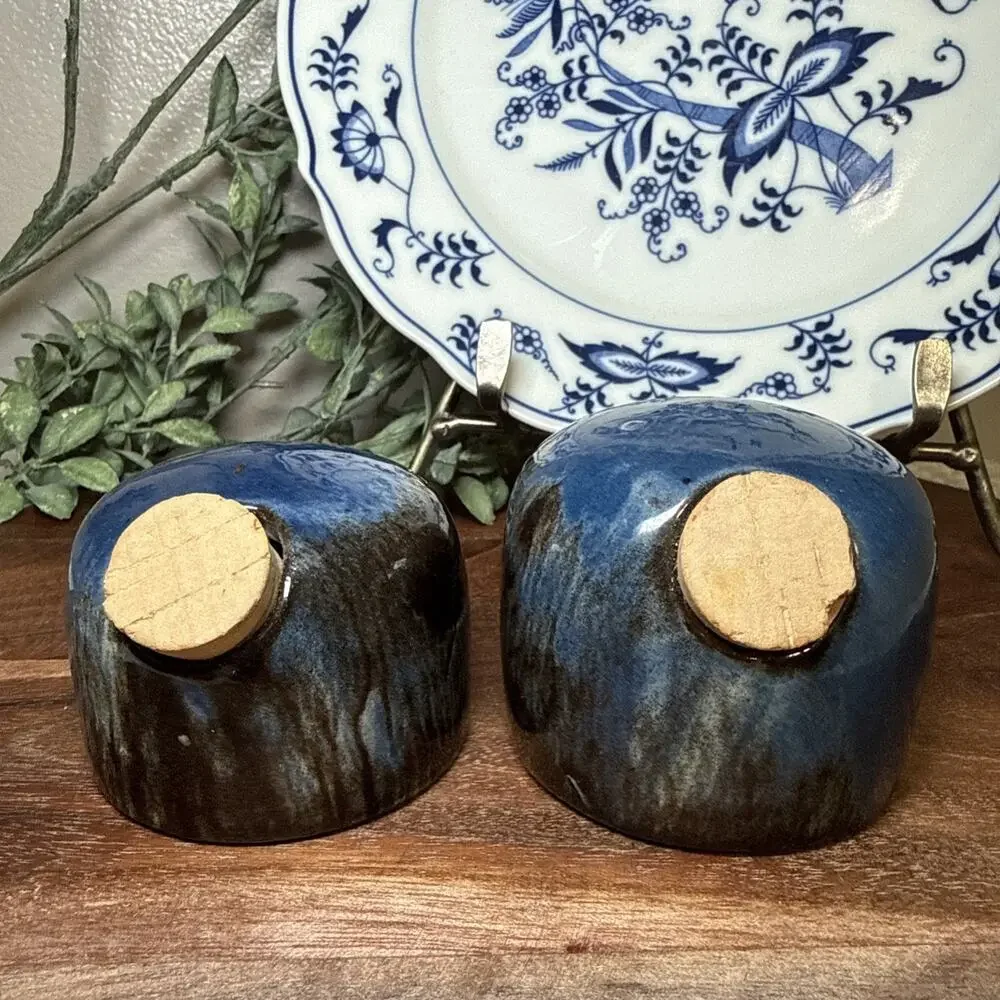 Spanish Studio Pottery SAL PEBRE Salt Pepper Shakers Blue Drip Glaze Vintage